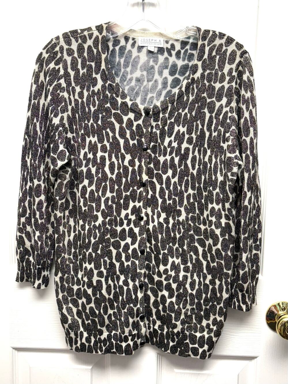 Joseph A Sweater Metallic Animal Spot Cardigan Women's Size L Office Glam